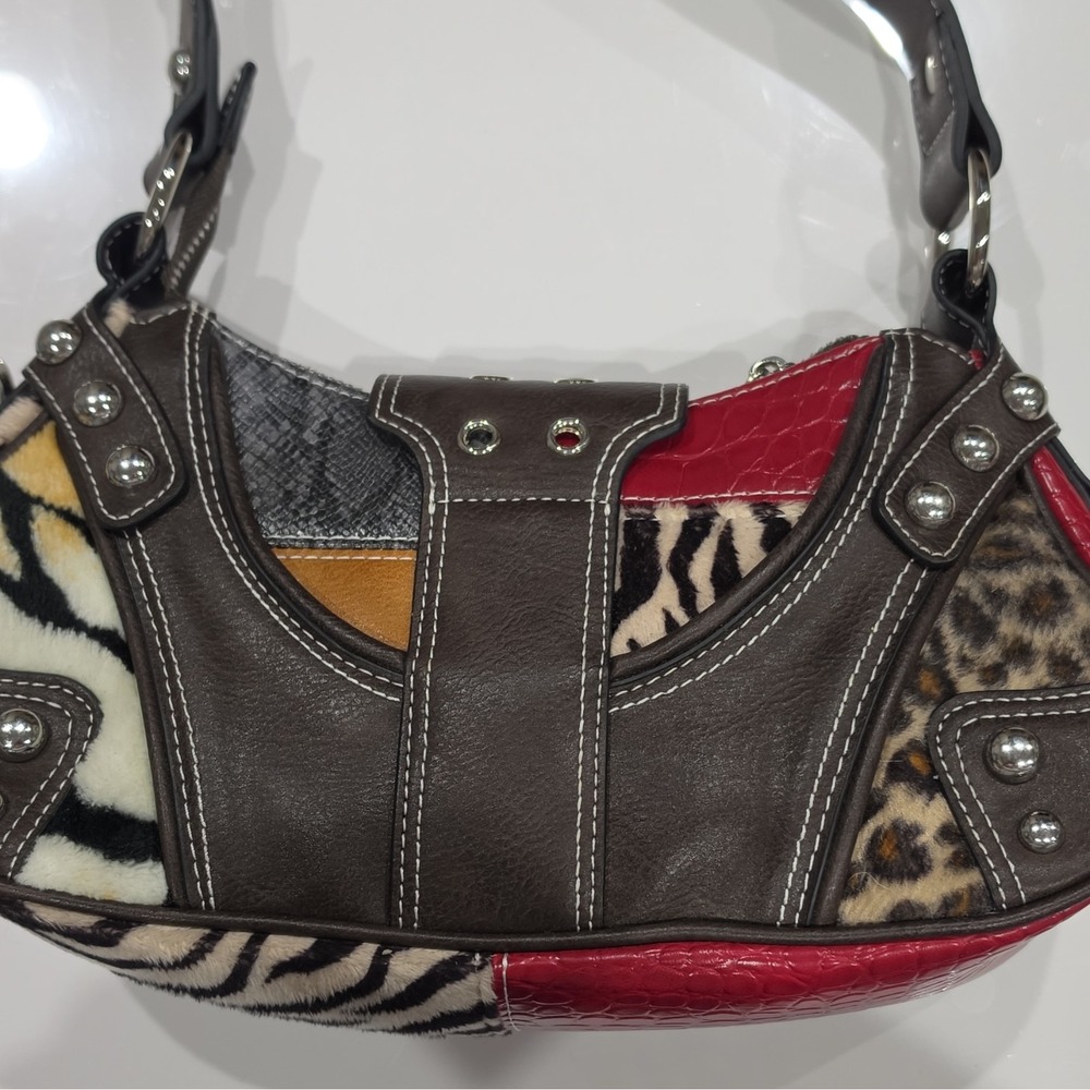 Dolls kill Womens Multicolor Animal Print Faux Leather Shoulder Bag Buckle Zip - Picture 7 of 12